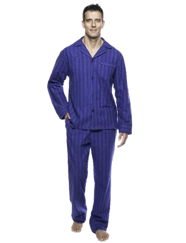 Men's robes with a hidden button closureBox Packaged Men's Premium 100% Cotton Flannel Pajama Sleepwear Set - Stripes Tonal Blue