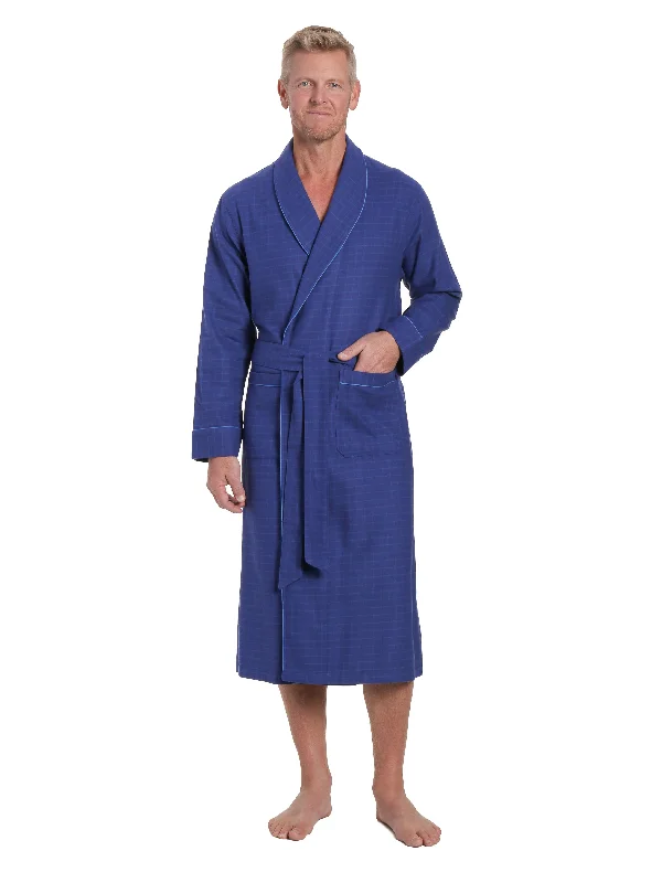 Water - resistant men's robes for post - shower useMens Premium 100% Cotton Flannel Robe - Windowpane Checks - Navy Blue Water - resistant men's robes for post - shower useMens Premium 100% Cotton Flannel Robe - Windowpane Checks - Navy Blue