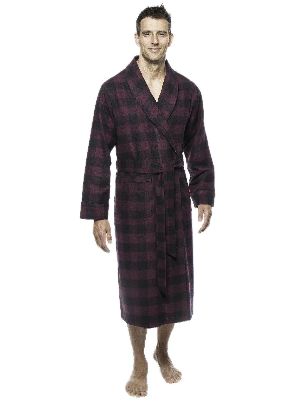 Men's robes with a hidden button closureMens Premium 100% Cotton Flannel Robe - Gingham Fig/Black