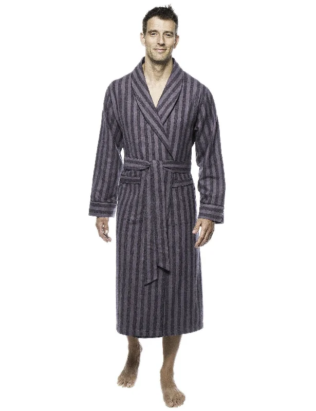 Water - resistant men's robes for post - shower useMens Premium 100% Cotton Flannel Robe - Stripes Black/Grey