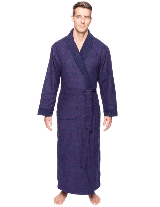 Monogrammed men's robes as a personalized giftMen's Premium 100% Cotton Flannel Fleece Lined Robe - Windowpane Checks Blue/Red