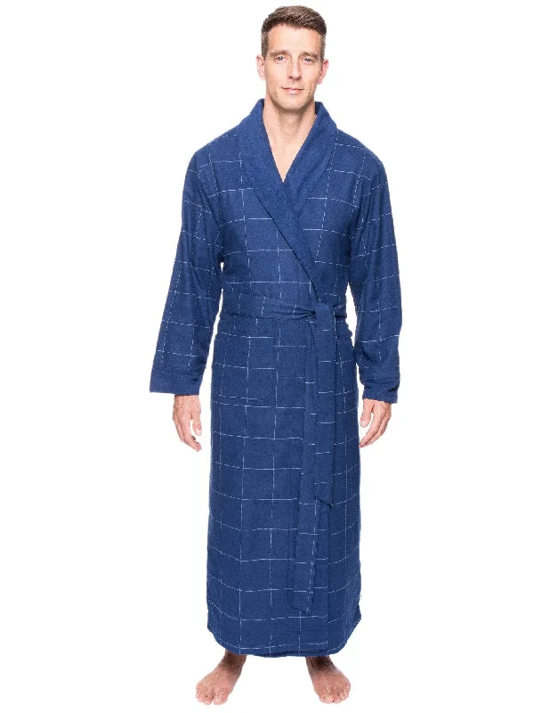 Luxury men's silk robes for a spa - like experienceMen's Premium 100% Cotton Flannel Fleece Lined Robe - Windowpane Checks Dark Blue