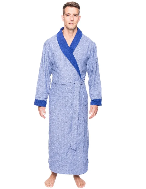 Tie - waist men's robes for a customizable fitMen's Premium 100% Cotton Flannel Fleece Lined Robe - Herringbone Blue