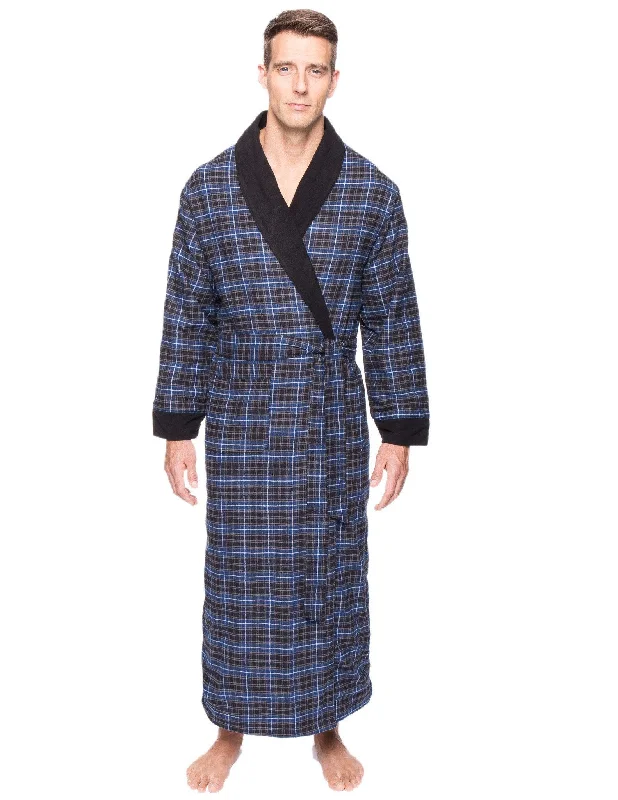 Luxury men's silk robes for a spa - like experienceMen's Premium 100% Cotton Flannel Fleece Lined Robe - Plaid Navy/Black