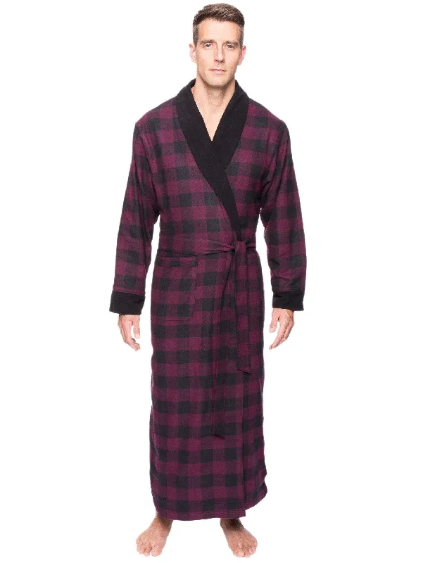 Hooded men's robes for extra warmth and comfortMen's Premium 100% Cotton Flannel Fleece Lined Robe - Gingham Fig/Black