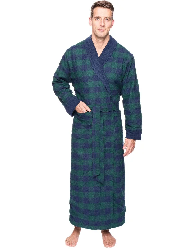 Men's robes with a hidden button closureMen's Premium 100% Cotton Flannel Fleece Lined Robe - Gingham Green/Navy
