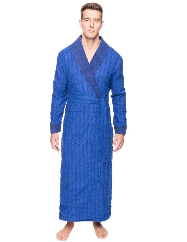 Short - style men's robes for a modern lookMen's Premium 100% Cotton Flannel Fleece Lined Robe - Stripes Tonal Blue