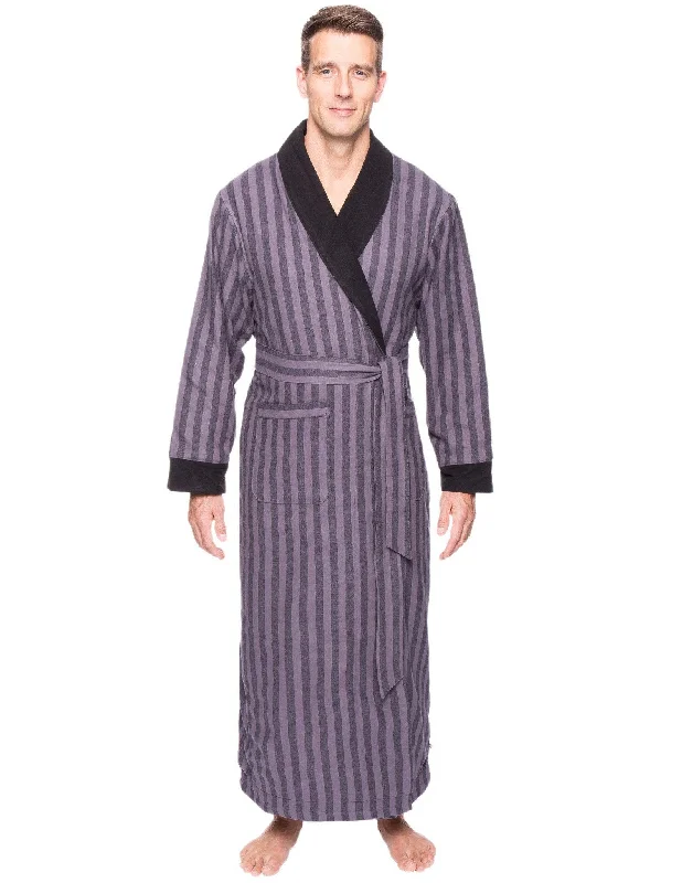 Jacquard - patterned men's robes for a stylish appearanceMen's Premium 100% Cotton Flannel Fleece Lined Robe - Stripes Black/Grey
