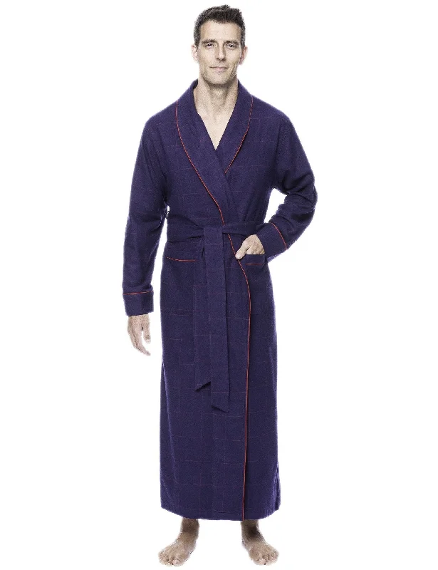 Embroidered men's robes for a touch of eleganceBox Packaged Men's Premium 100% Cotton Flannel Long Robe - Windowpane Checks Blue/Red