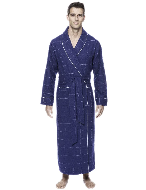 Men's robes with a hidden button closureBox Packaged Men's Premium 100% Cotton Flannel Long Robe - Windowpane Checks Dark Blue