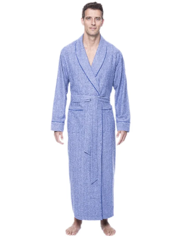 Men's robes with a hidden button closureBox Packaged Men's Premium 100% Cotton Flannel Long Robe - Herringbone Blue