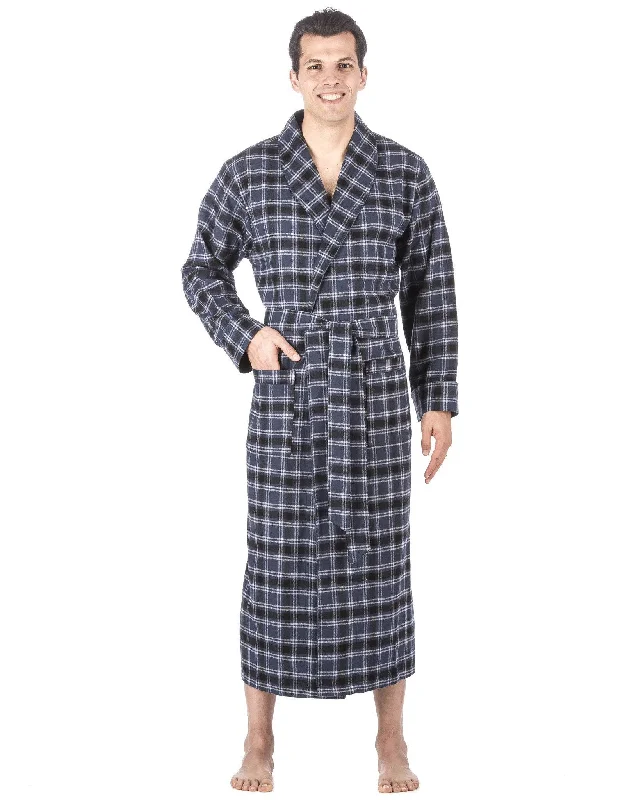 Jacquard - patterned men's robes for a stylish appearanceBox Packaged Men's Premium 100% Cotton Flannel Long Robe - Blue/Black