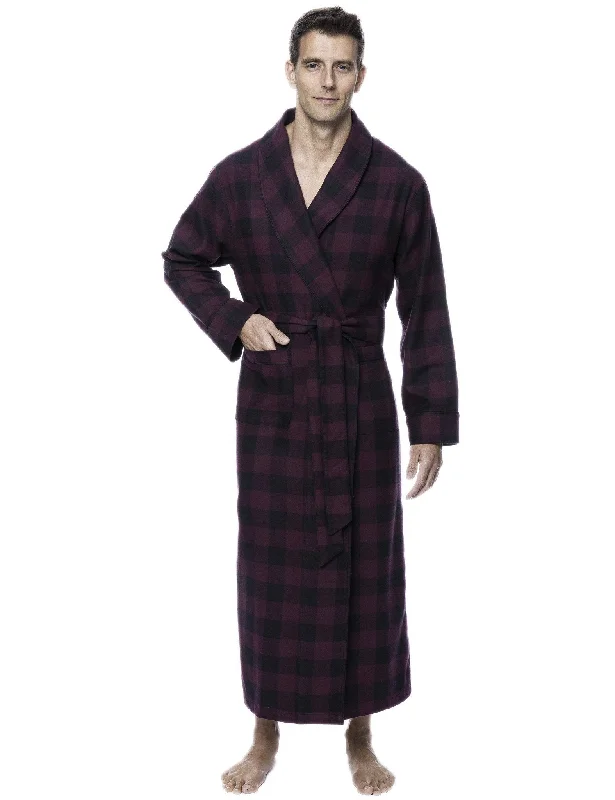 Lightweight men's robes for summer loungingBox Packaged Men's Premium 100% Cotton Flannel Long Robe - Gingham Fig/Black