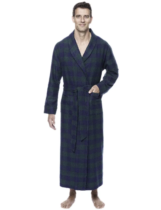 Hooded men's robes for extra warmth and comfortBox Packaged Men's Premium 100% Cotton Flannel Long Robe - Gingham Green/Navy