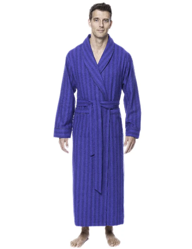 Lightweight men's robes for summer loungingBox Packaged Men's Premium 100% Cotton Flannel Long Robe - Stripes Tonal Blue