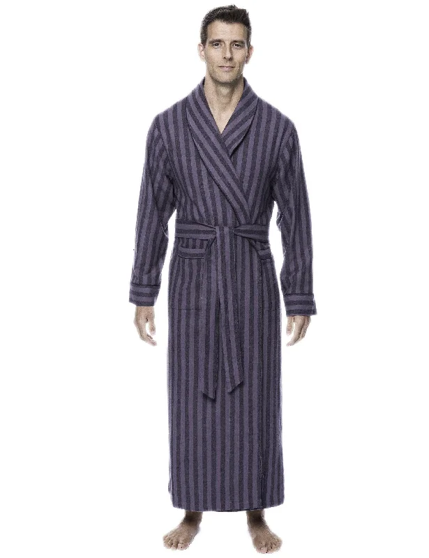 Short - style men's robes for a modern lookBox Packaged Men's Premium 100% Cotton Flannel Long Robe - Stripes Black/Grey