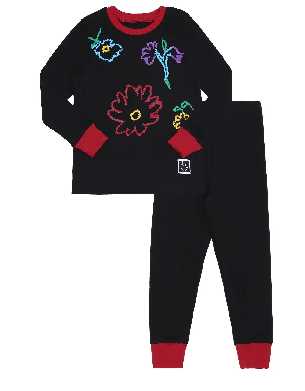 Cotton men's robes with a classic shawl collarPima Cotton Fuzzy Flowers Kids Pajamas Legging Playwear Set Black