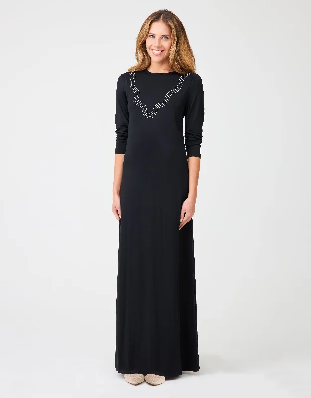 Long - length men's robes for full - body coveragePull On Layered Nursing Nightgown with Contrast Stitched Waves Black