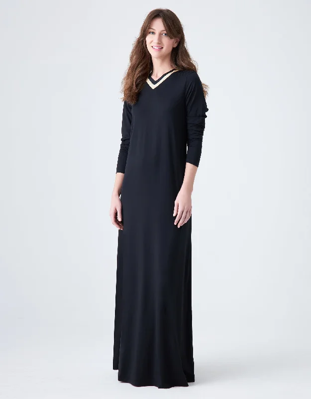 Men's robes with multiple pockets for conveniencePull On Nightgown with Satin Trimmed Vneck Black Ivory