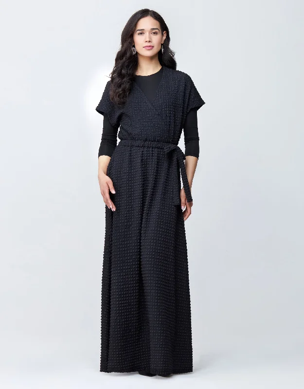 Loungewear - style men's robes for casual daysSatin Seersucker Lined Mock Wrap Maxi Dress Shabbos Robe with Self Tie Black
