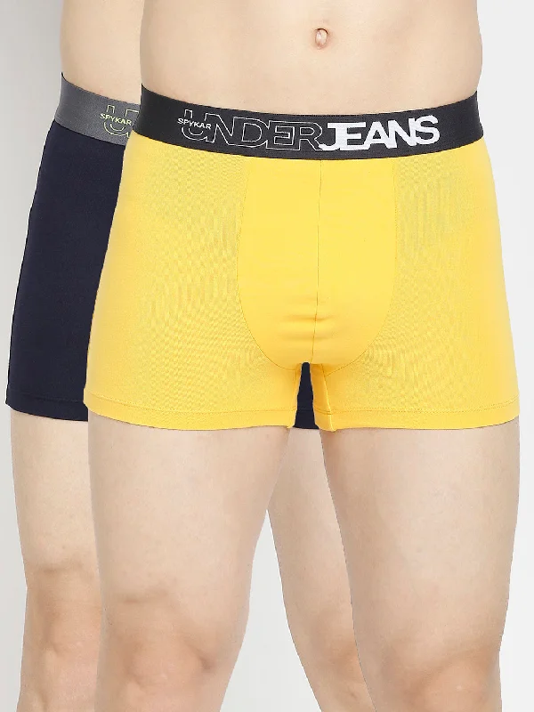 Soft - touch men's trunks for a gentle feelMen Premium Yellow & Navy Blue Cotton Blend Trunk - Pack Of 2- Underjeans By Spykar
