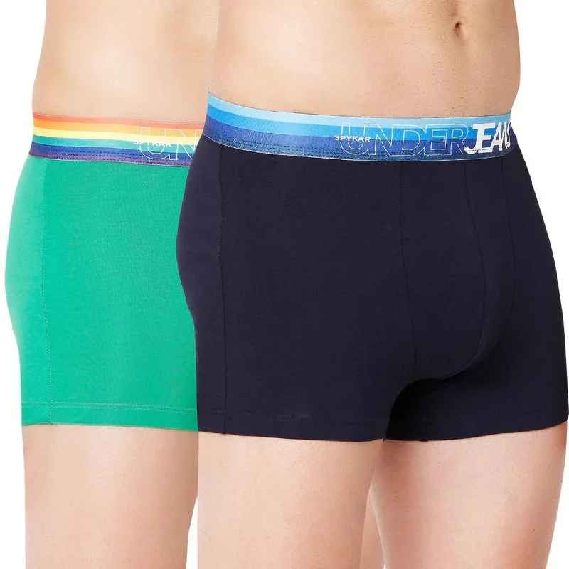 Soft - touch men's trunks for a gentle feelMen Premium Green Multi & Navy Blue Cotton Blend Trunk (Pack Of 2)- Underjeans By Spykar Soft - touch men's trunks for a gentle feelMen Premium Green Multi & Navy Blue Cotton Blend Trunk (Pack Of 2)- Underjeans By Spykar