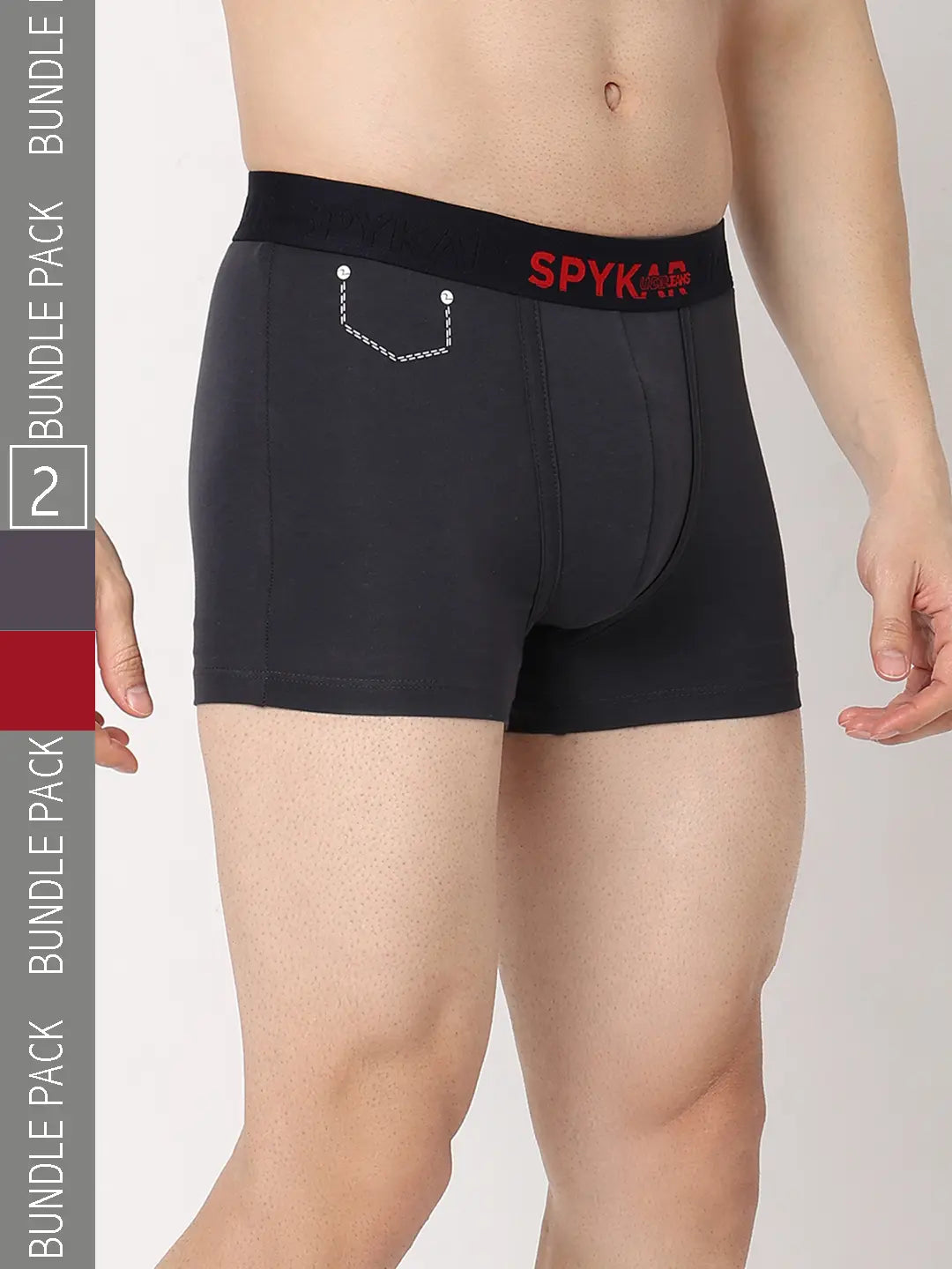 Printed men's trunks with eye - catching motifsUnderjeans By Spykar Men Premium Grey & Maroon Cotton Blend Regular Fit Trunk - Pack Of 2 Printed men's trunks with eye - catching motifsUnderjeans By Spykar Men Premium Grey & Maroon Cotton Blend Regular Fit Trunk - Pack Of 2
